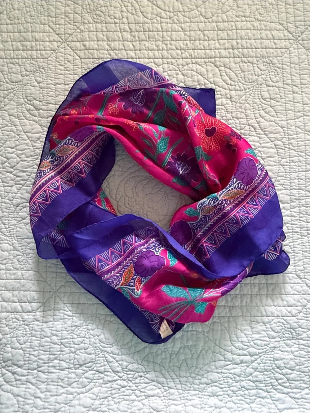 Vintage Pink Floral Silk Scarf with Purple Border